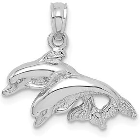 Solid 10K White Gold Double Dolphins Jumping Left Charm Pendant
