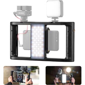 MR11 Smartphone Video Rig with Light/Cold Shoe/ARRI Hole/1/4 Hole/Remote Control, All-in-one Phone Video Stabilizer Grip Vlogging Cage, Built-in Battery Wireless Charging/Rotatable Phone Clamp