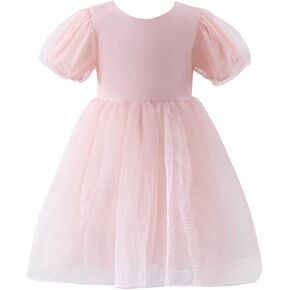 Girls Puff Sleeve Birthday Dress Toddler Tulle Tutu Short Sleeve Party Dressy Flower Girls Dresses for Wedding 1-8Y