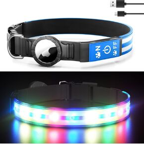 Airtag Dog Collar Light Large Dog Collars with AirTag Holder Rechargeable LED Bright Collar for Night Walking Adjustable Waterproof Glowing Pet Collar for Outdoor Used Blue