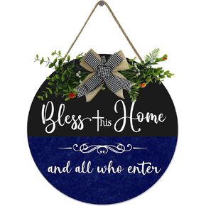 Front Door Blessed Wreaths Bless This Home and All Who Enter, Funny Welcome Wall Hanging Sign Plaque, for Front Door Entryway Porch House Decorations 12x12 Inch