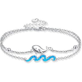 URONE Ocean Bracelet For Women 925 Sterling Silver Whale/Dolphin Bracelet Blue Opal Wave Bracelet Adjustable Ocean Beach Jewelry Gift for Women
