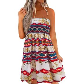 Aztec Print Western Smocked Strapless Bandeau Mini Dress Women Summer Casual Beach Sundress Vacation Tube Top Dress
