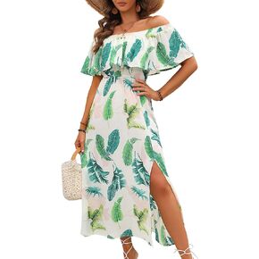 Womens Off The Shoulder Ruffle Side Split Leaf Patterns Beach Maxi Dress