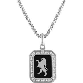 Bulova Jewelry Men's Icon Crest of Bohemia Black Enamel Sterling Silver Pendant Accented with White Diamonds and Rounded Box Link Chain Necklace, Length 24-26" Style:BVP1014-WSQ7