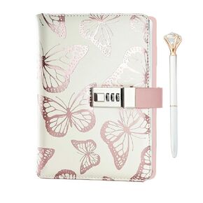 Three-Digit Password Diary with Lock,Personal Organizer A5 Refillable Locking Journal,PU Leather Combination Locked Journal With Diamond Ball Pen (Rosegold Butterfly)