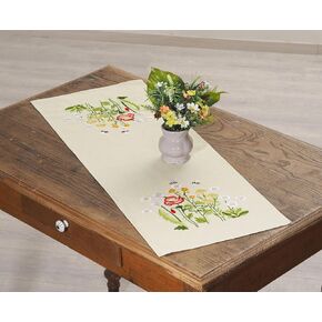 Leisure Arts Table Runner 15"x42" Ecru Poppies, Kitchen Table Runner, Embroidery kit, Kitchen Runner, Cross Stitch Kits for Beginners, Embroidery Patterns, Embroidery Fabric
