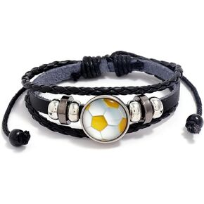 Punk Rock Football Bead Braided Pu Leather Adjustable Rope Cuff Bracelet