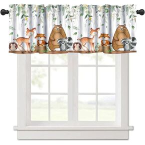 Cartoon Window Valance, Kids Woodland Animal Print Bears Deer Trees Leaves Forest Kitchen Valance for Living Room Nursery Bedroom Nursery Decor with Rod Pocket 54x18 Inch, 1 Panel
