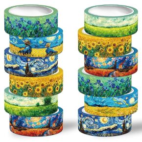 12 Rolls Washi Tape Set,6 Design Oil Painting Decorative Tape Vintage Van Gogh Masking Tape for Journaling Supplies, Junk Journal, Scrapbooking, DIY Arts & Crafts, Planner, Gift Wrapping