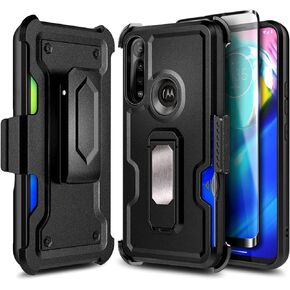 Case for Motorola Moto G Power (2020) Belt Clip Holster Case with Tempered Glass Screen Protector, Card Holder/Built-in Stand, Heavy Duty Armor Defender Shockproof Rugged Phone Case -Black