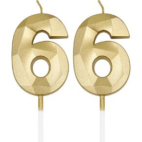 66th Birthday Candles for Cake, Gold Number 66 3D Diamond Shaped Candle Birthday Decorations Party Supplies for Women or Men