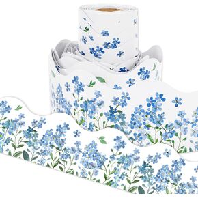 AnyDesign 65Ft Watercolor Floral Bulletin Board Borders Blue White Forget-Me-Not Myosotis Sylvatica Decorative Trim Border Seasonal Spring Board Trim for School Wall Blackboard Classroom DIY Crafts