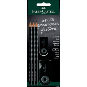 Faber-Castell Sleeve Set Black - 3 x Grip 2001 B Pencils, 1 x Sleeve mini eraser, 1 x Sleeve twin sharpening box