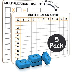 SCRIBBLEDO 5 Pack Dry Erase Multiplication Chart White Board 9" x 12" Multiplication Table Double Sided Times Table Math Manipulatives Whiteboard for Kids Students Classroom 5 Erasers Included