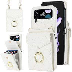 for Samsung Galaxy Z Flip 4 Case with Card Holder, [RFID Blocking] [Crossbody Strap] Premium PU Leather Z Flip 4 Wallet Case Lanyard Crossbody Bag Women Girls Ring Case for Z Flip 4 - Green