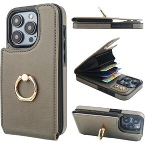Folosu Compatible with iPhone 15 Pro Case Wallet with Card Holder, 360°Rotation Finger Ring Holder Kickstand, RFID Blocking Leather Protective Double Buttons Shockproof Cover 6.1 Inch Black
