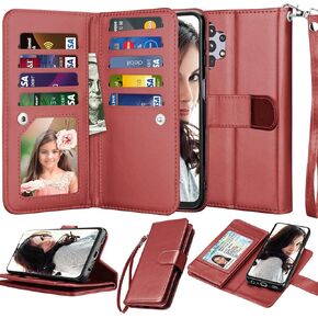 NJJEX Case for Samsung Galaxy A32 5G, for Galaxy A32 5G Wallet Case, [9 Card Slots] PU Leather Credit Holder Folio Flip [Detachable] Kickstand Magnetic Phone Cover & Lanyard for Samsung A32 [Black]