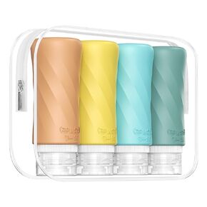 Travel Bottles for Toiletries, Tsa Approved 3.3oz Portable Travel Bottles, BPA Free Leak Proof Squeezable Silicone Travel Size Containers, Travel Accessories with Clear Toiletry Bag (4 Pack)