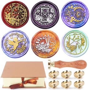 Wax Seal Stamp kit, 6pcs Wax Seal Stamp Head & 1 Wooden Handle Letter Wax Seal Kit, 6 Designs (Orange, Love, Candy, Dandelion, Moon and Stars, Rainbow) for Wedding Invitation (Lovely Image Series)
