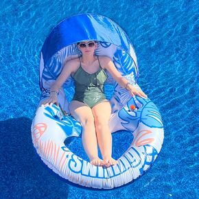 Pool Float with Canopy UPF50+, Inflatable Pool Float Chair, Heavy Duty Pool floaties for Adults with Shade, Tanning Pool Lounger Float Pool Floating with Cup Holder & Backrest