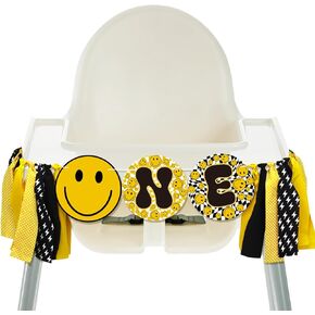 Therwen One Happy Dude High Chair Banner Lightning Smile Face First Birthday Banner Groovy Hippie Party Supplies for Kids 1st Birthday Baby Shower Photo Props(Vintage)