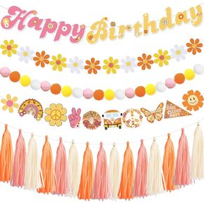 Daisy Garland for Decoration, Groovy Boho Party Garland Decoration Include Daisy Garland Party Tassel Colorful Pom Pom Banner, Daisy Party Decorations Supplies
