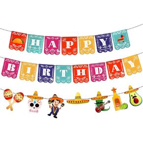 KatchOn, Fiesta Happy Birthday Banner - 15 feet, 3 String | Cinco De Mayo Theme, Mexican Fiesta Pinata Sombrero Garland for Mexican Birthday Party Decorations | Mexican Banner Fiesta Party Decorations