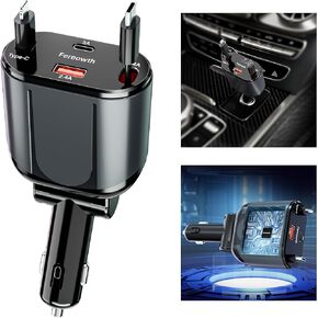 Retractable Car Charge 4 in 1 Fast Car Phone Charger Adapter PD 63W Phone Retractable Cables (31.5 inch) and 2 USB Ports Car Charger， Compatible with iPad,Samsung,Pixe iPhone 15/14/13, Black