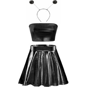 IBTOM CASTLE Alien Costume for Women Metallic Rave Outfit Shiny Crop Top Mini Skirt Headband Halloween Festival Club Party