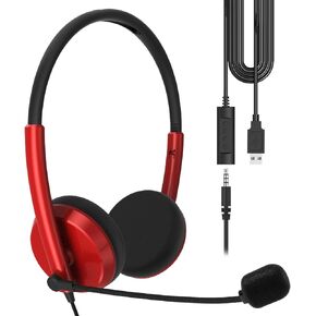 GEEKRIA USB Headset with Mic and Mute Option, Wired Headphone for PC, Laptop, Tablet, Computer Headset with Noise Cancelling Microphone, All Day Comfort for Meetings, Call Center, School (Red)