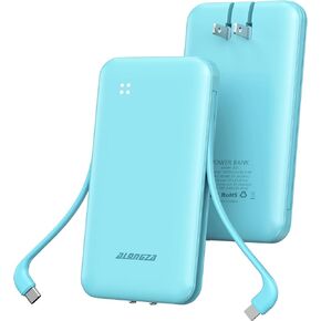 Alongza Portable Charger Built-in Cables and AC Wall Plug, Slim Fast Charging Power Bank 10000mAh, Lightweight USB C External Battery Pack Compact Travel Cell Phone Charger