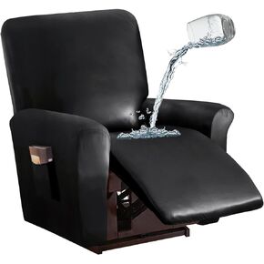 1/2/3 Seats PU Leather Stretch Recliner Cover Sofa Cover with Side Pockets Waterproof Slipcover Recliner Couch Cover Furniture Protector with Elastic Bottom Living Room