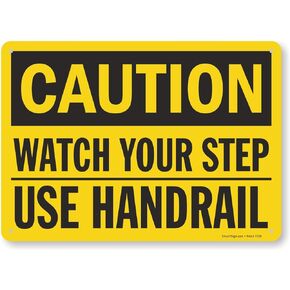 SmartSign-S-4415-Pl "Caution - Watch Your Step Use Handrail" Sign | 10" x 14" Plastic - Black on Yellow