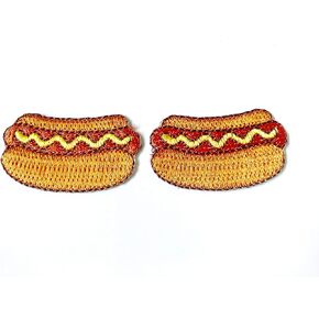 TH Set of 2 Tiny. Mini Cute hot Dog with Mustard Fast Food Sew Iron on Embroidered Applique Badge Sign Patch Clothing