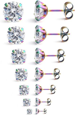 Ruifan 20G Mix Color Stainless Steel Clear Round Cubic Zirconia Stud Earrings for Men Women 2-8mm 7Pairs in Kuwait