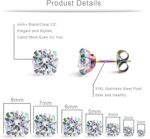 Ruifan 20G Mix Color Stainless Steel Clear Round Cubic Zirconia Stud Earrings for Men Women 2-8mm 7Pairs in Kuwait