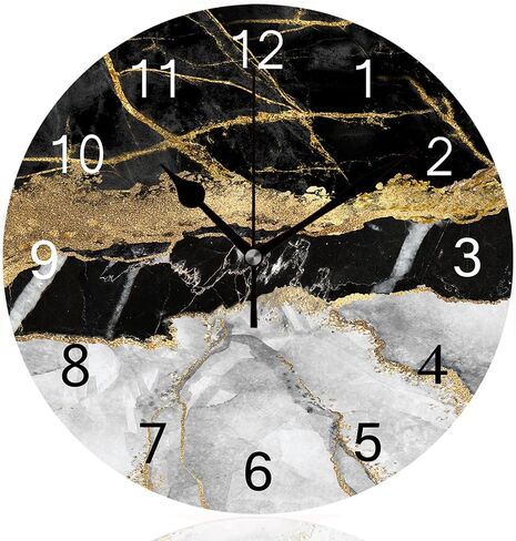 Rustic Silent Wall Clock Non-Ticking,Black Flow Gold Marble Texture Round Frameless Wall Clock Decorative for Home Kitchen Living Room Office School（14inch） in Kuwait