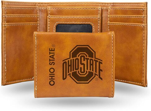 محفظة سوداء ثلاثية الطي للرجال من NCAA Ohio State Buckeyes - شعار الفريق الفاخر 10 جيوب منقوش بالليزر على جلد نباتي - تصميم بسيط، نافذة لبطاقة الهوية، حامل بطاقة الائتمان - هدية مثالية للرجال in Saudi Arabia