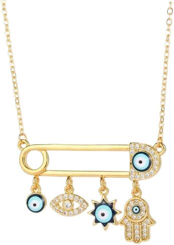 Rhinestone Evil Eye and Small Hamza Hand Necklace. 18 Inch Chain. Best Gift for Women in Saudi Arabia