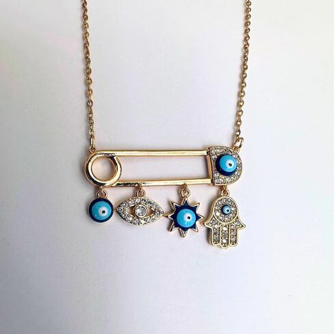 Rhinestone Evil Eye and Small Hamza Hand Necklace. 18 Inch Chain. Best Gift for Women in Saudi Arabia