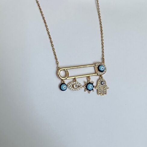 Rhinestone Evil Eye and Small Hamza Hand Necklace. 18 Inch Chain. Best Gift for Women in Saudi Arabia