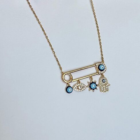 Rhinestone Evil Eye and Small Hamza Hand Necklace. 18 Inch Chain. Best Gift for Women in Saudi Arabia