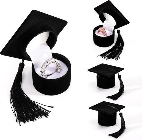 Lawei 4 حزمة قبعة التخرج حلقة صندوق القرط، قبعة الدكتوراه على شكل صندوق حلقة مع شرابة، عرض حلقة القرط المخملية، صندوق مجوهرات منظم إبداعي حقيبة تخزين حامل حلقة لهدايا التخرج in Kuwait