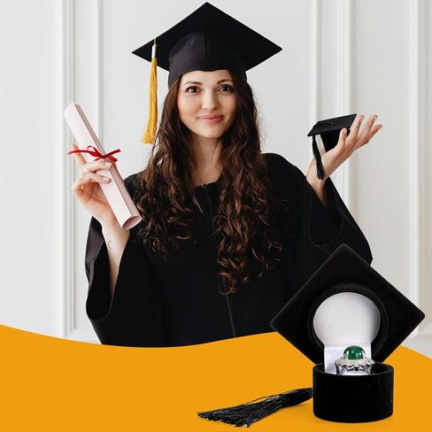 Lawei 4 حزمة قبعة التخرج حلقة صندوق القرط، قبعة الدكتوراه على شكل صندوق حلقة مع شرابة، عرض حلقة القرط المخملية، صندوق مجوهرات منظم إبداعي حقيبة تخزين حامل حلقة لهدايا التخرج in Kuwait