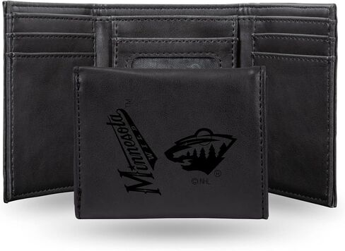 Rico Industries NHL Minnesota Wild Premium Laser Engraved Vegan Black Leather Tri-fold Wallet - Slim yet Sturdy Design - Perfect to Show Your Team Pride or Gift in Saudi Arabia
