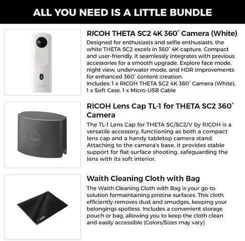 كاميرا RICOH Theta SC2 360° 4K كروية VR مع ذاكرة داخلية 14 جيجابايت (أبيض) حزمة غطاء عدسة TL-1 لكاميرا Theta SC/SC2/V 360 درجة وقماش تنظيف الانتظار مع حقيبة (حزمة أساسية) in Saudi Arabia