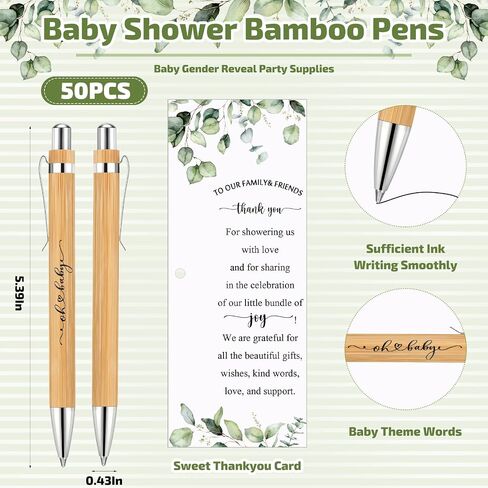 Yeaqee 50 Sets Woodland Safari Baby Shower Gifts for Guest Greenery Woodland Baby Shower Favors Retractable Pens Bamboo Pens Gender Reveal Greeting Cards Souvenirs Prizes in Saudi Arabia