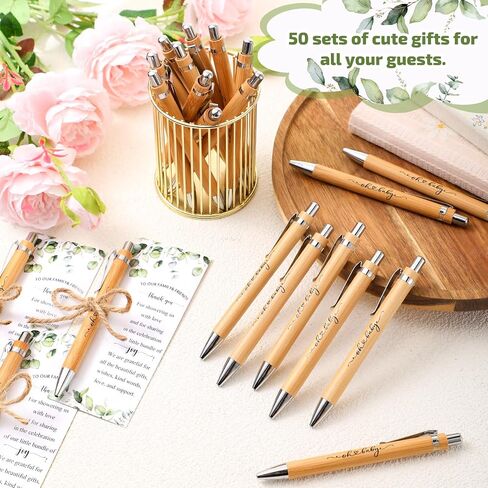 Yeaqee 50 Sets Woodland Safari Baby Shower Gifts for Guest Greenery Woodland Baby Shower Favors Retractable Pens Bamboo Pens Gender Reveal Greeting Cards Souvenirs Prizes in Saudi Arabia