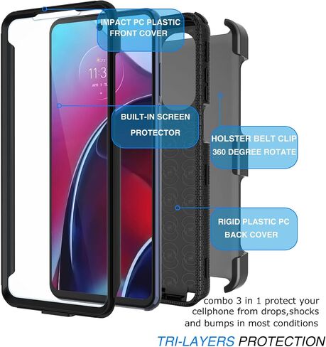 Tekcoo for Motorola Moto G Stylus | 2022 | 4G | XT2211 Case Holster Clip, [Tshell] Shock Absorbing [Built-in Screen] [Kickstand Locking Belt] Secure Swivel Defender Full Body Carrying Covers - Black in Saudi Arabia